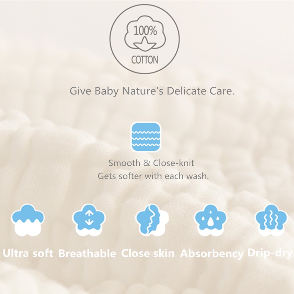 MUKIN Baby Muslin Washcloths - Natural Muslin Cotton Baby Wipes - Soft Newborn Baby Face Towel and Muslin Washcloth for Sensitive Skin- Baby Registry as Shower , 5 Pack 12x12 inches - Image 7